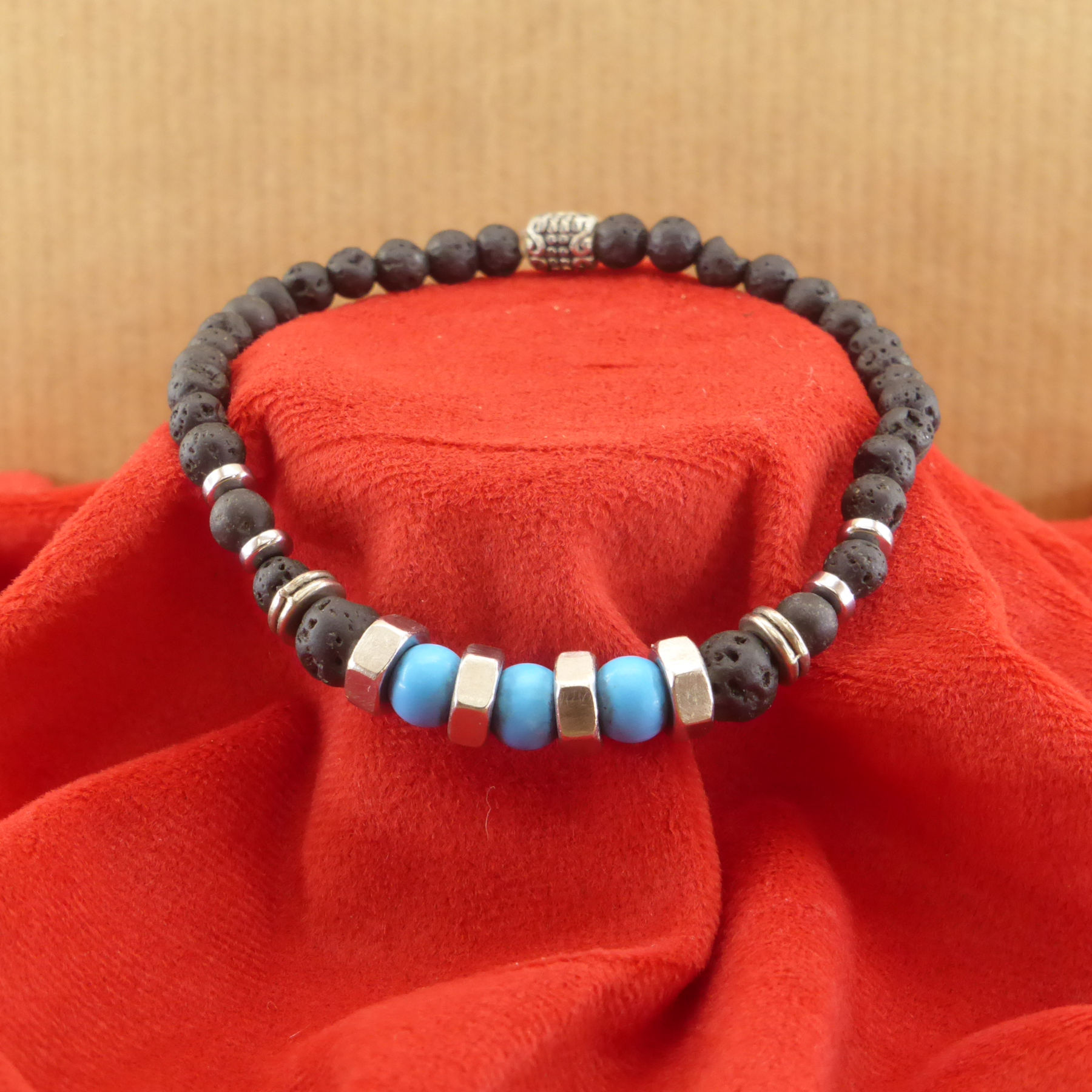 Turquoise men's bracelet, stainless steel nut and lava stone
