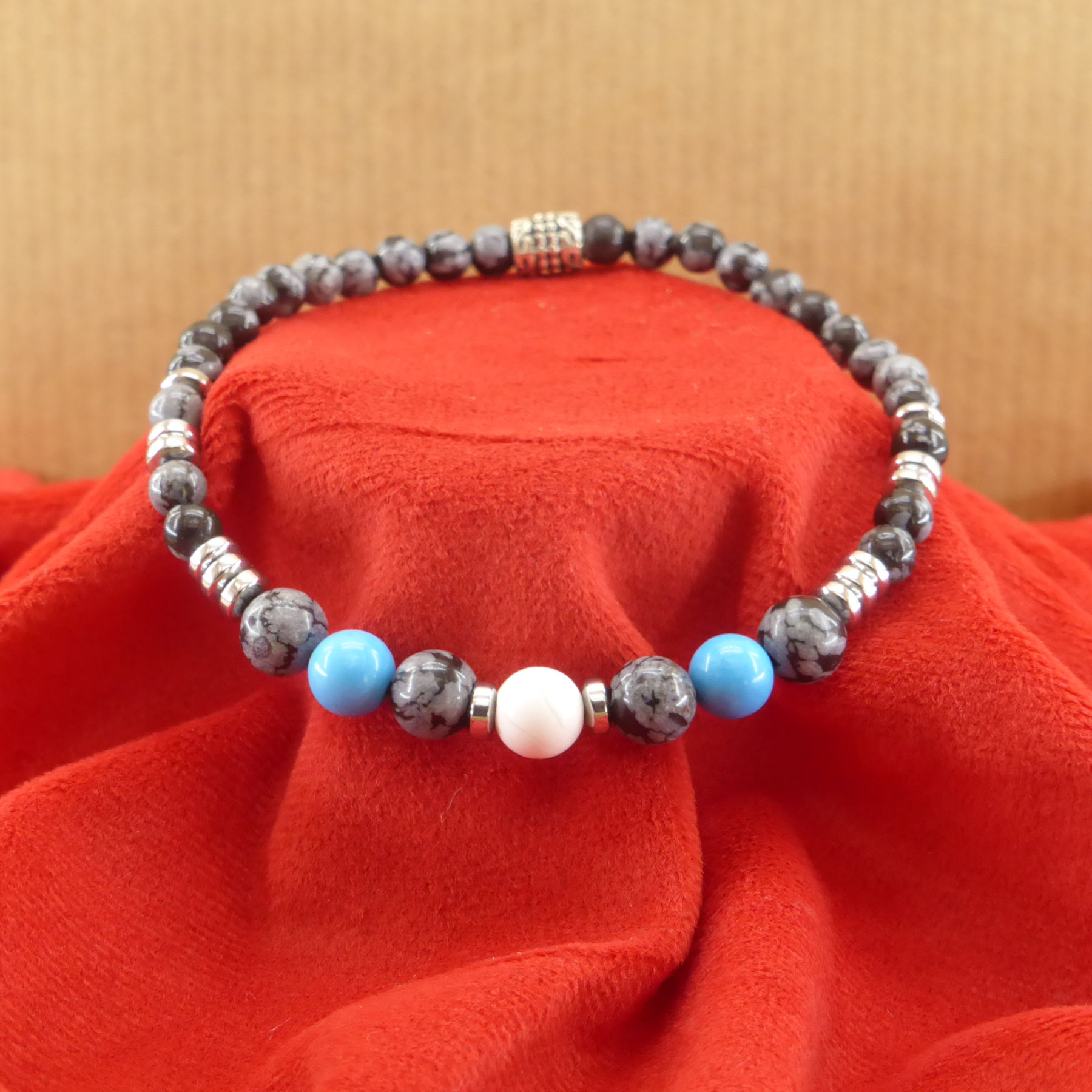 Turquoise bracelet, white jasper, silver hematite on snowflake obsidian