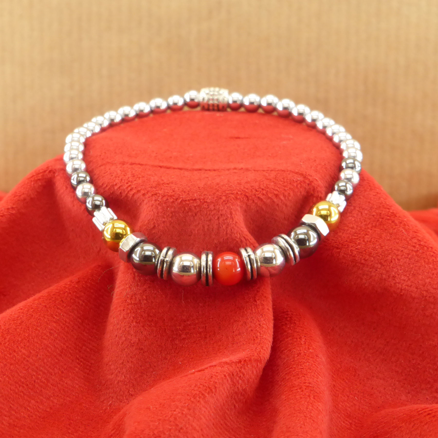 Silver, Gold and Black Hematite Bracelet, Red Pearl, Stainless Steel Nut and Charms