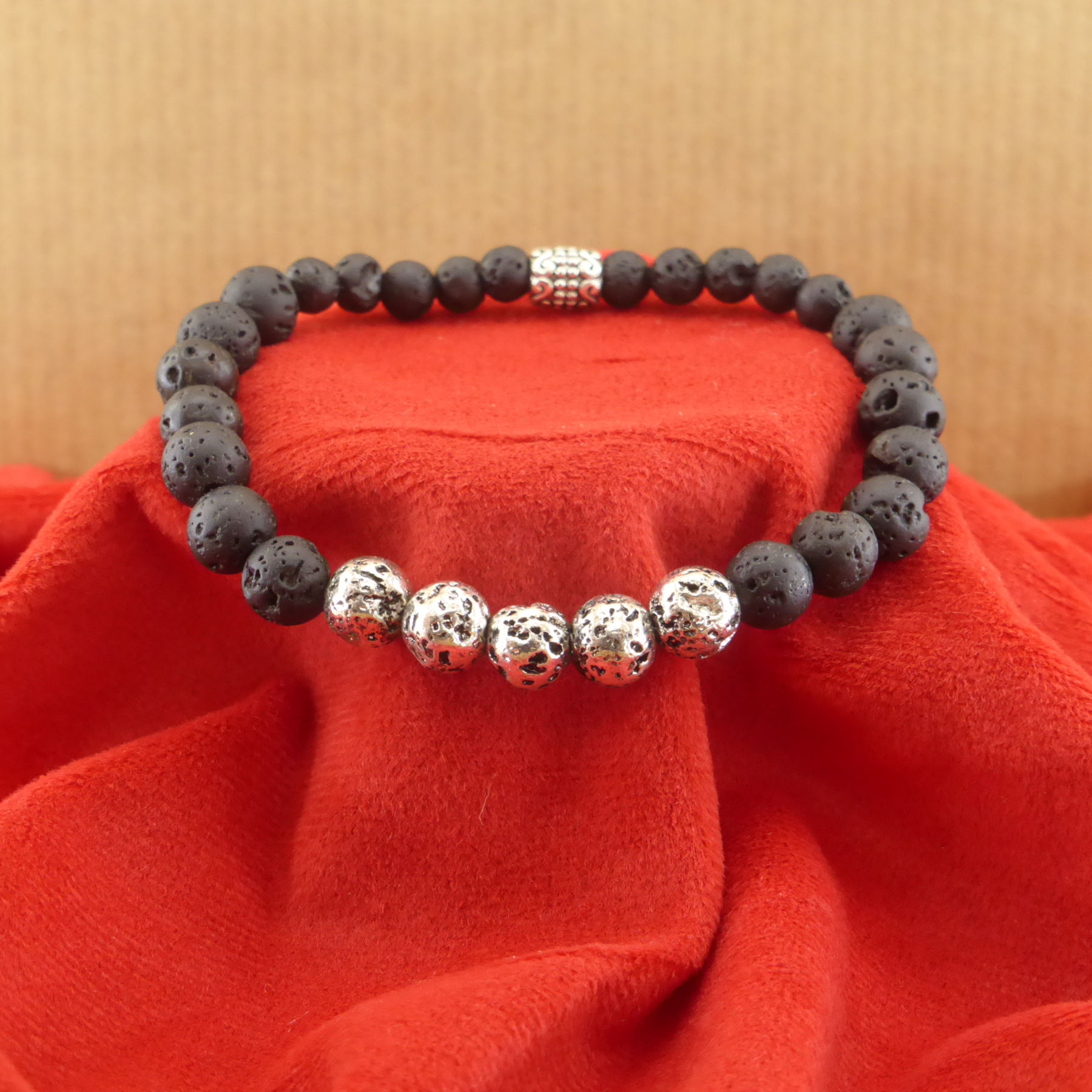 Black and silver lava stone bracelet