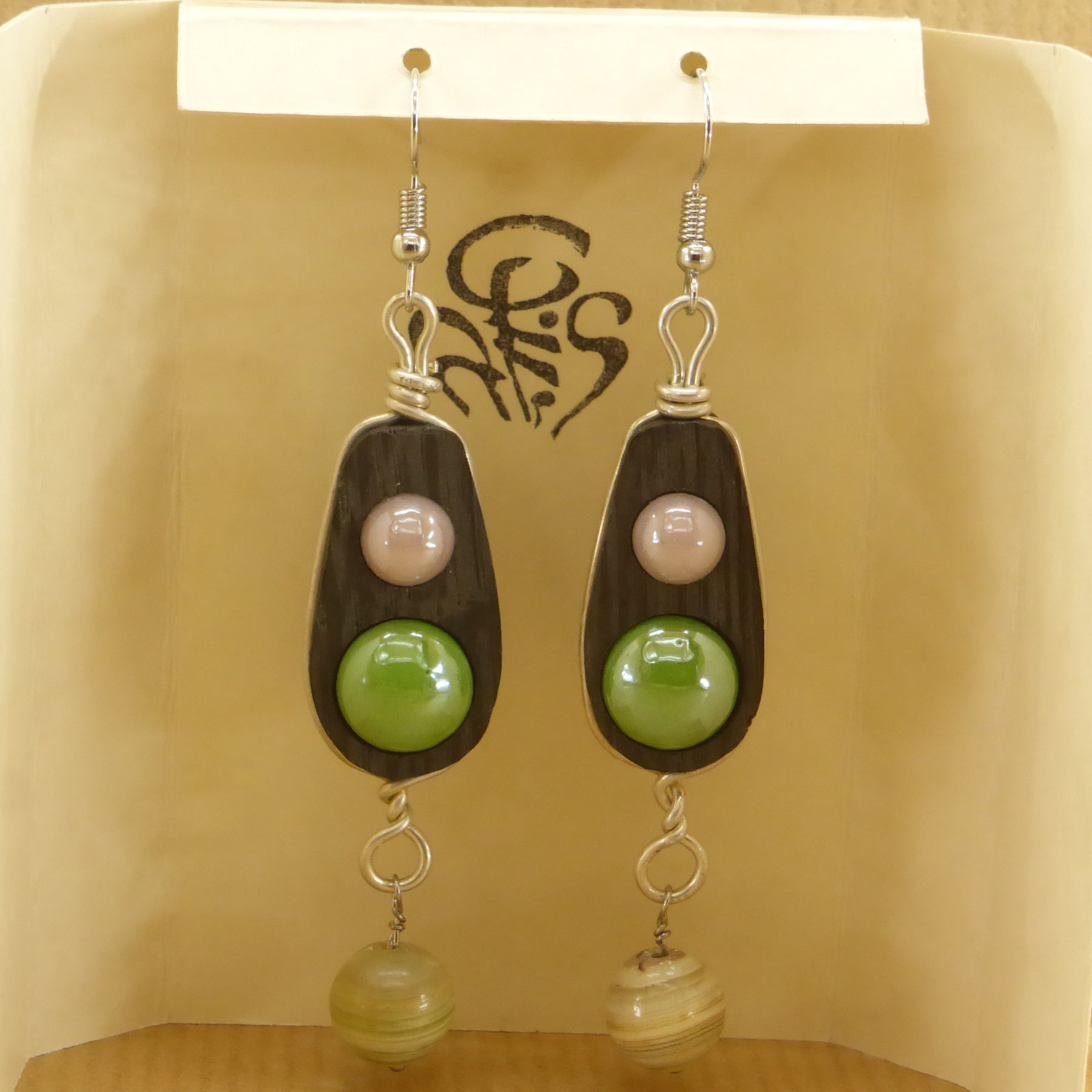 Wooden and green and blue ceramic earrings set with a 925 silver wire and green agate pearl