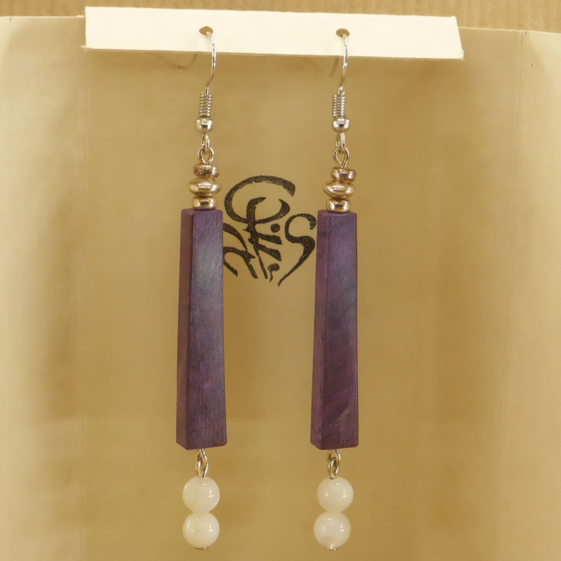 Stabilized mauve maple stick earrings and mother-of-pearl pearls