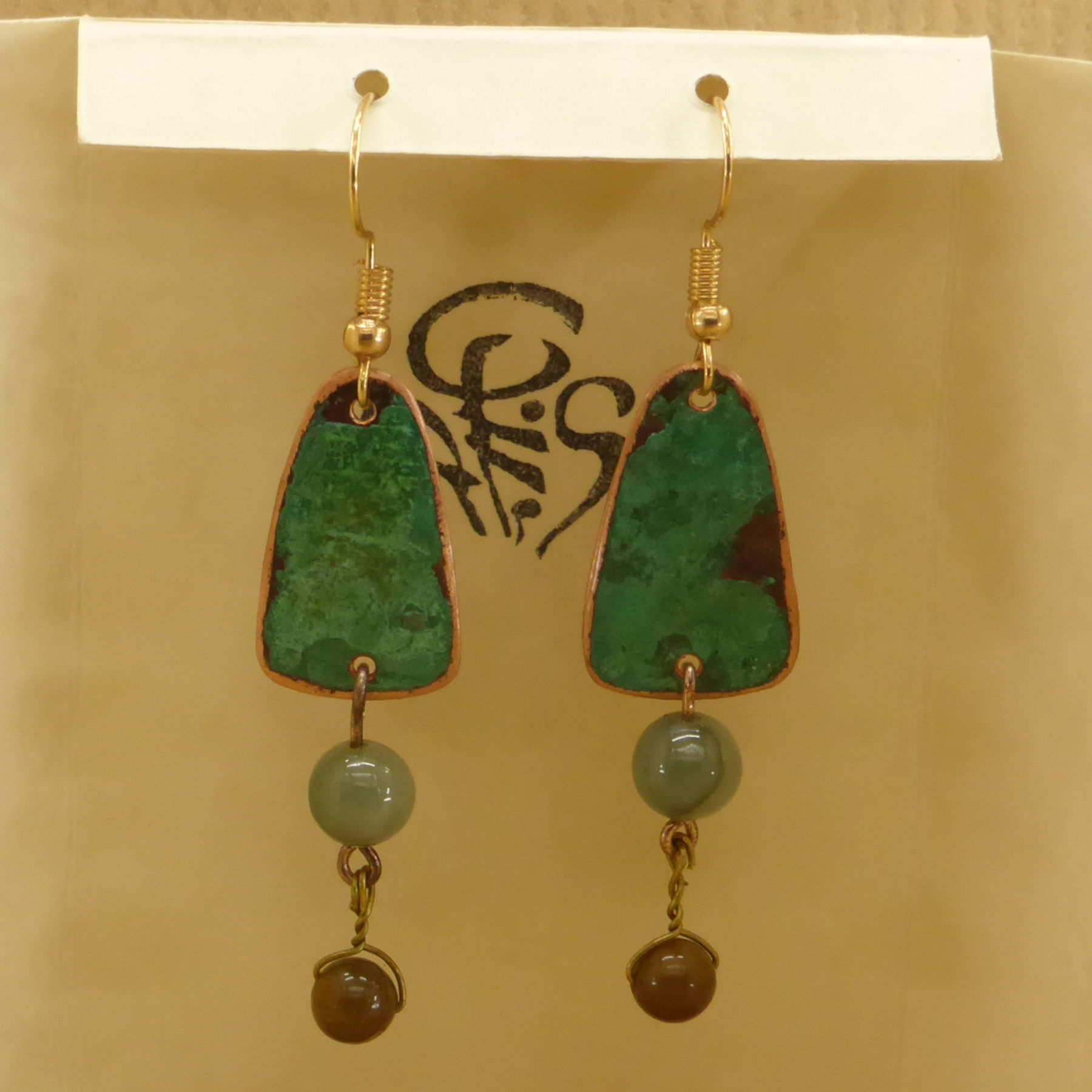 Oval patinated copper and jade pearl earrings