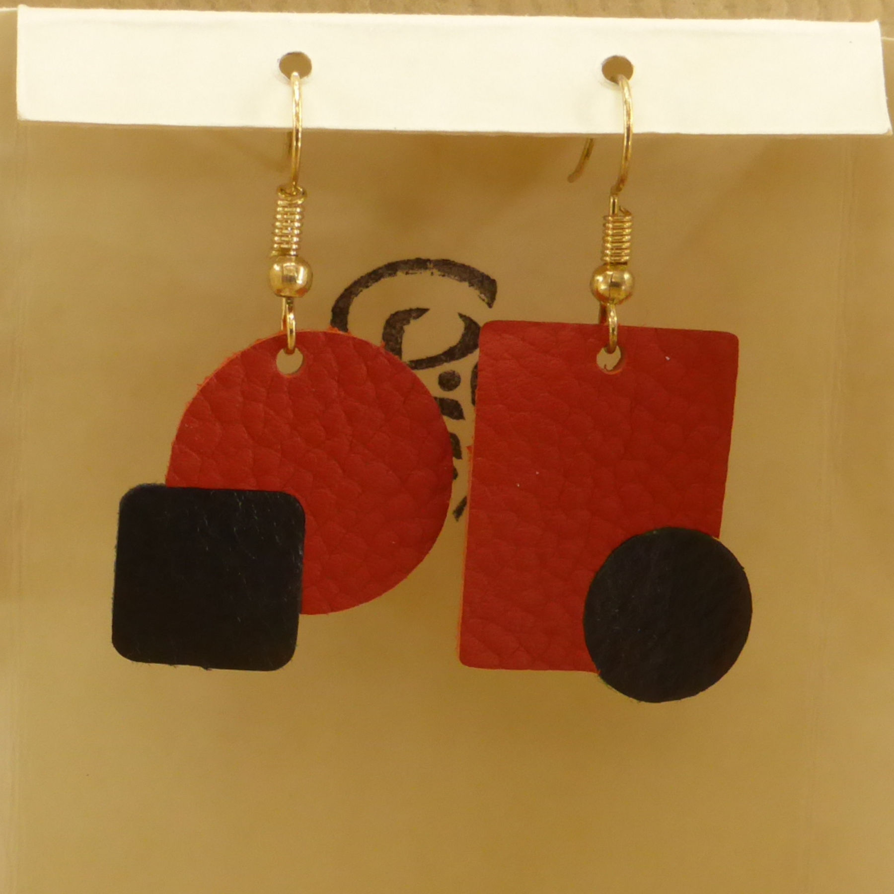 Red and black leather geometric earrings / Interlocking square and round