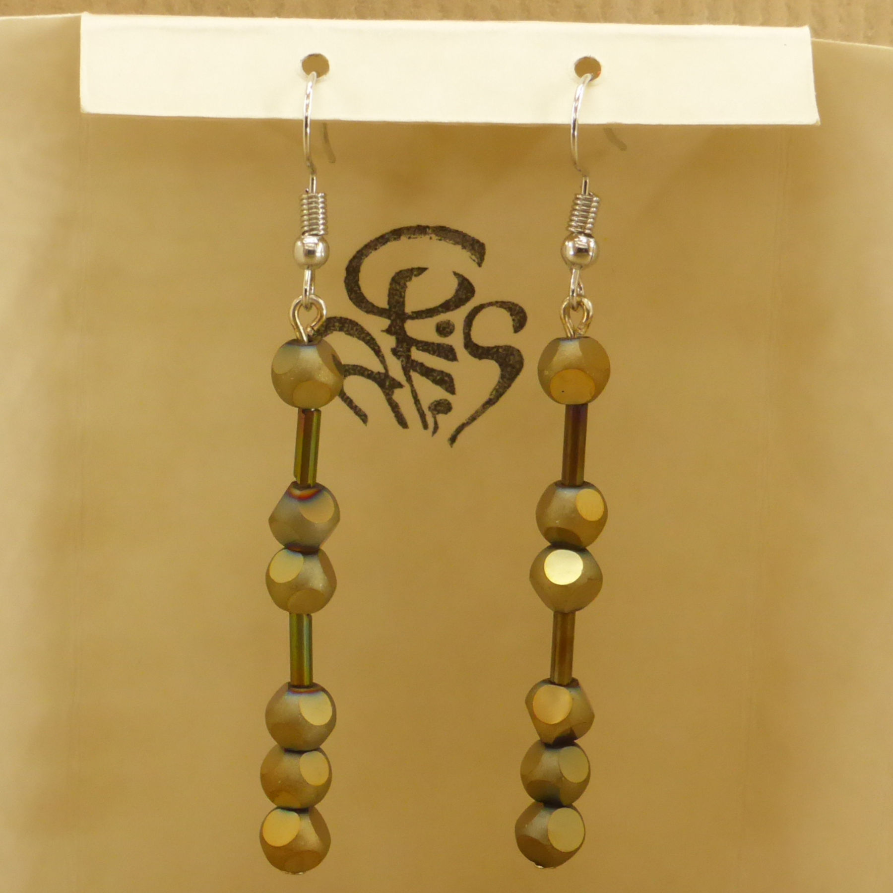 Faceted spherical gold glass bead earrings and stacked cylinders